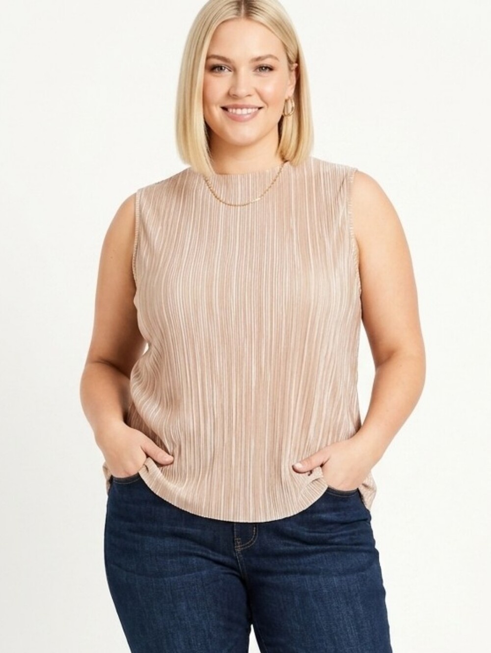 XL Anne Klein Pleated Sleeveless Top Rose Gold Tank Top Mock Neck